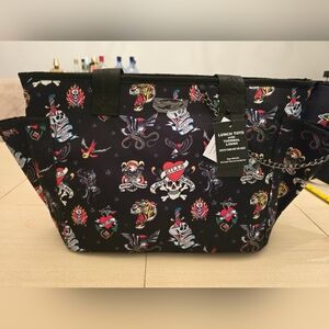 NWT Ed Hardy Huge Black Thermal Tote Bag with Tatoo Print Design